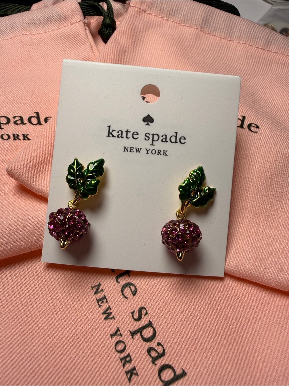 kate spade Purple Crystal radish Drop Earrings with Green Leaves - Picture 2 of 2